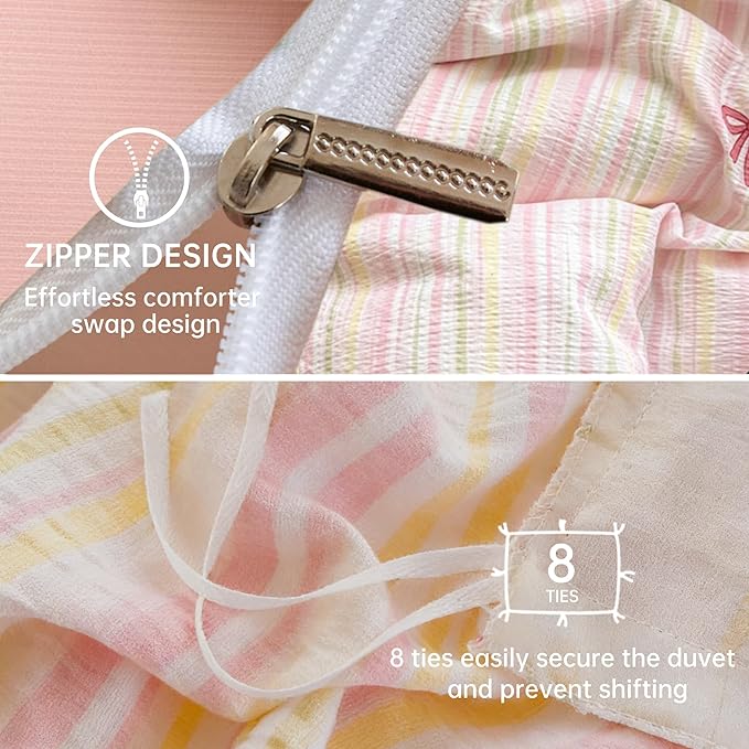 BOLINLIVING Pink Bow Duvet Cover Full Size, Girls Kids Cute Striped Bowknot - Image 4