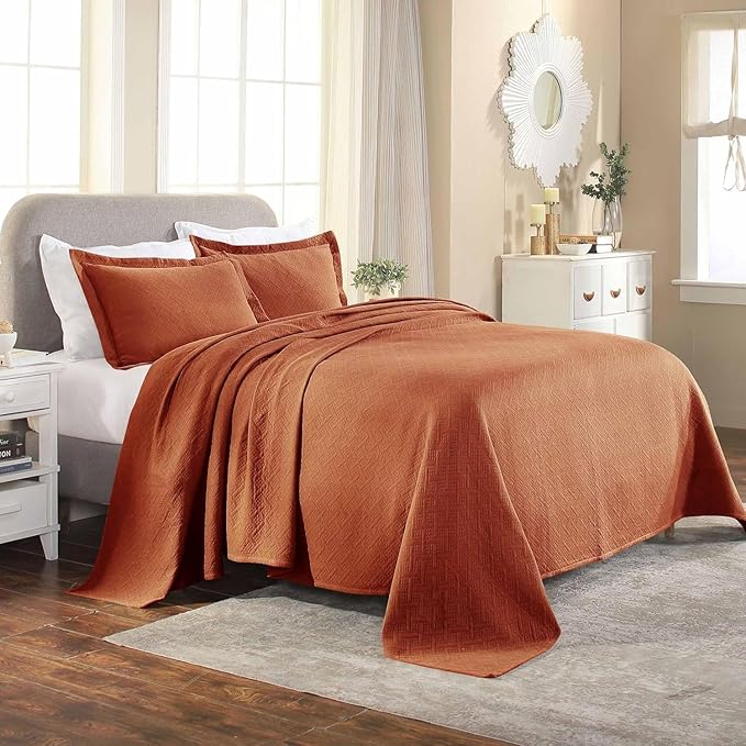 Superior 3 Piece Basketweave Cotton Bedspread Set, Home Bed Decor, Decorative Bed Spread, 2 Pillow Shams, Medium Weight Blanket, Matelasse Coverlet Bedding, Geometric Lattice Pattern, King, Mandarin