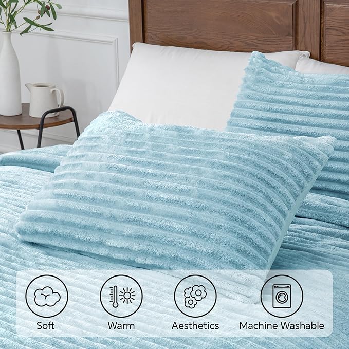 BEDELITE Fleece Twin Comforter Set -Super Soft & Warm Fluffy Light Blue Bedding - Image 5
