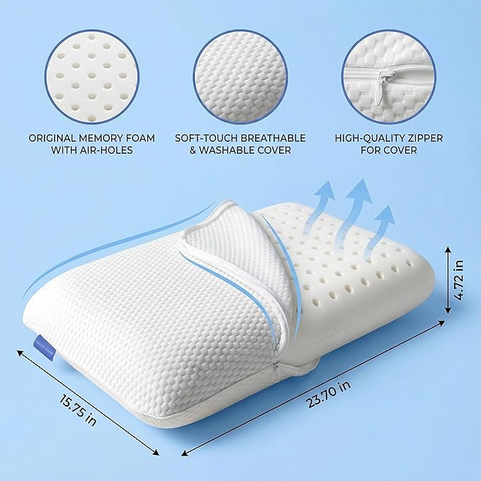 Classic Memory Foam Pillow with Bag – Ergonomic Cervical Neck Pillow for All Sleep Positions – Cervical Alignment Support and Daily Sleeping Comfort