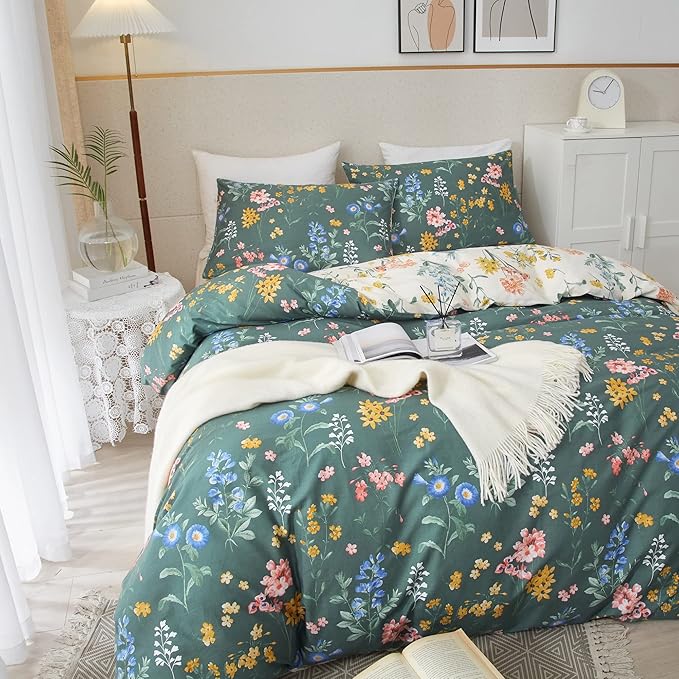 PinkMemory Green and White Floral Duvet Cover King 100% Cotton Reversible Green - Image 4