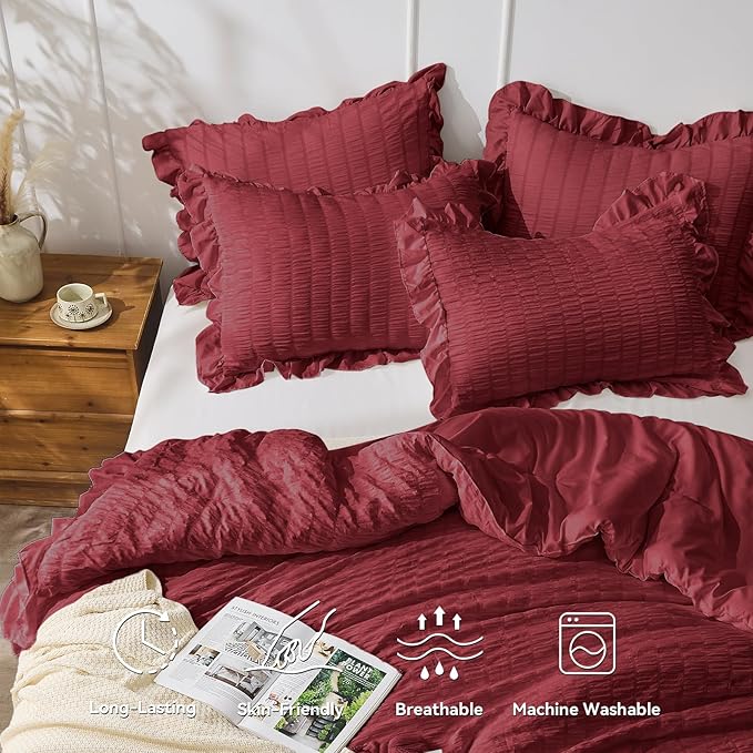 JOLLYVOGUE Queen Comforter Set, 3 Pieces Burgundy Seersucker Comforters Queen - Image 2