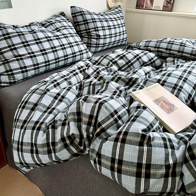 mixinni Vintage Grey & Pale Blue Buffalo Plaid Duvet Cover Set Queen Size - Image 6