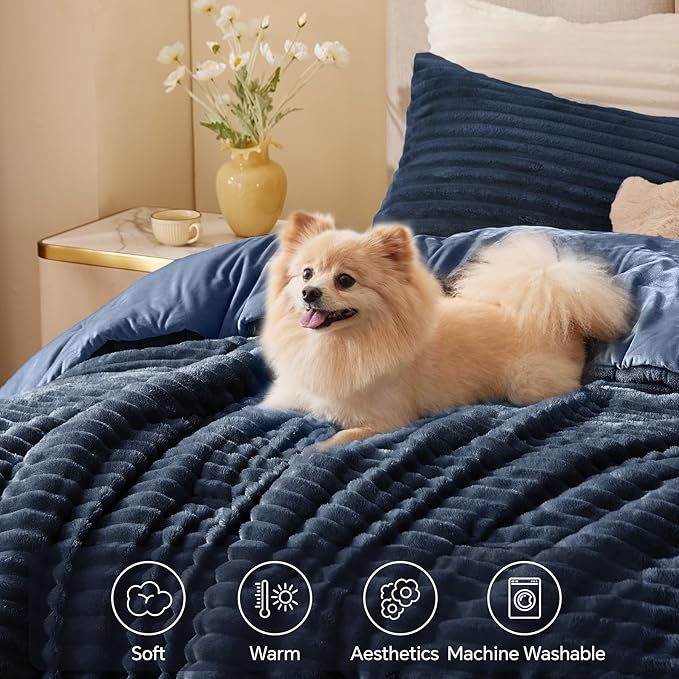 BEDELITE Fleece King Comforter Set -Super Soft & Warm Fluffy Navy Blue Bedding - Image 3
