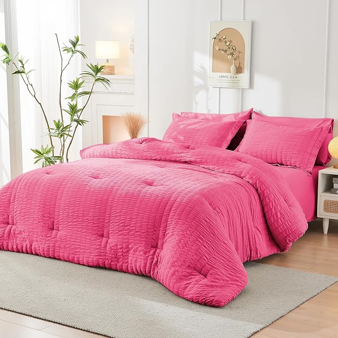 HYMOKEGE Hot Pink California King Comforter Set Seersucker 7 Pieces, All Season - Image 8