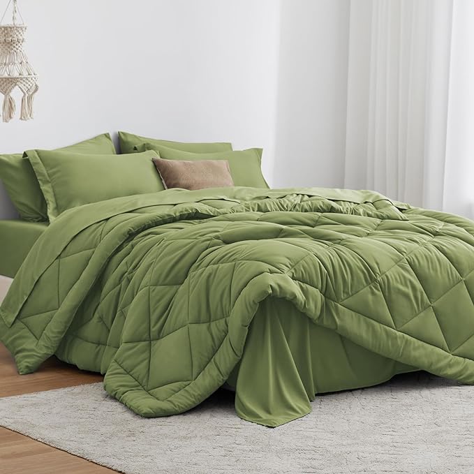 Love's cabin King Size Comforter Set Olive Green, 7 Pieces King Bed in a Bag by Lovescabin