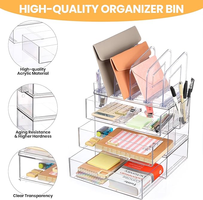 Acrylic Desk Organizer Set, 3 Pack Stackable Desktop Drawer Organizer with 4 Vertical File Holders and 2 Pen Holders, Desk Organizers and Accessories for Home Office Storage-DeskoryOffice