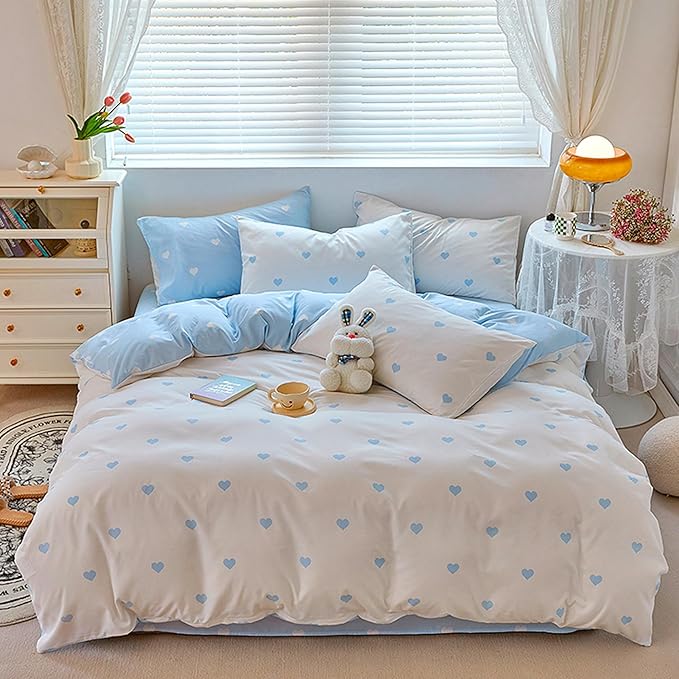 BOLINLIVING Cute Duvet Cover Full Size, Reversible Light Blue & White Heart by BOLINLIVING