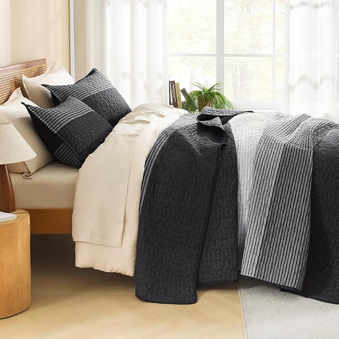 Litanika Oversized King Quilt Set Black and White, 128x120 Stripe Bedspread - Image 2