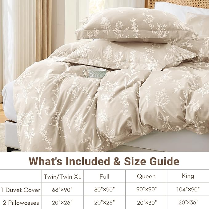 MUXHOMO Duvet Cover Queen Size, Reversible Floral Beige Duvet Cover Set - Image 6