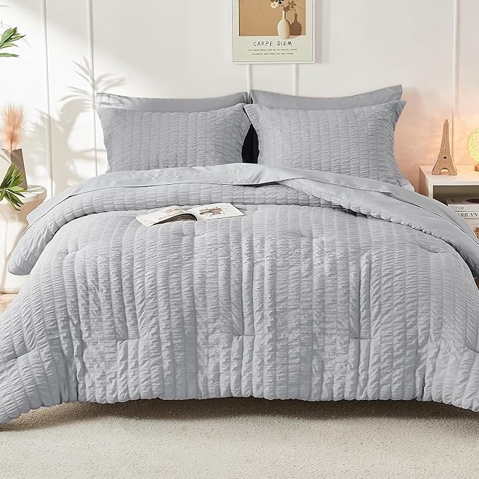 HYMOKEGE Light Grey Oversized King Comforter Set Seersucker 7 Pieces, All - Image 9
