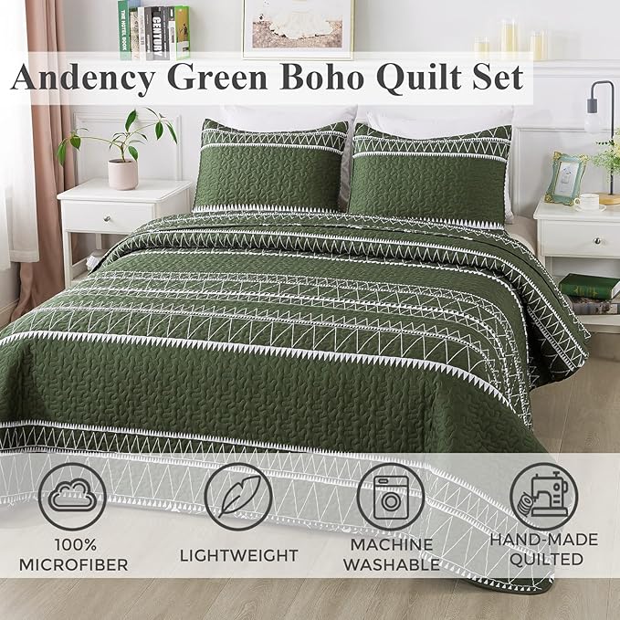 Andency Green California King Quilt Set, 3 Pieces Boho Lightweight Soft Striped - Image 2