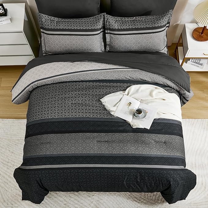 WONGS BEDDING 7 Pieces Comforter Set Queen Size, Dark Grey Black Striped Bed in - Image 4