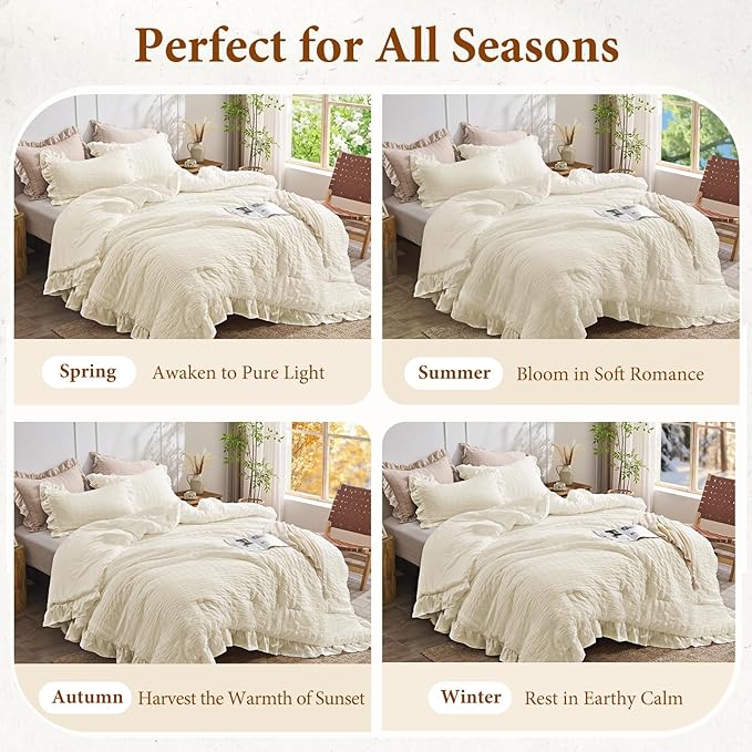 JOLLYVOGUE Ivory Queen Comforter Set, 3 Pieces Seersucker Comforters Queen Size - Image 6