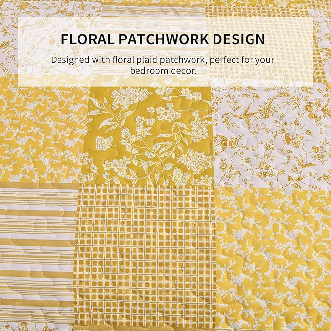 Mybedsoul Yellow Boho Quilt Set Queen Size, 3 Pieces Plaid Floral Bedspread - Image 7