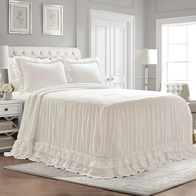 Lush Decor Ella Vintage Chic Ruffle Lace Bedspread Light Gray Farmhouse Style Lightweight 3 Piece Set King