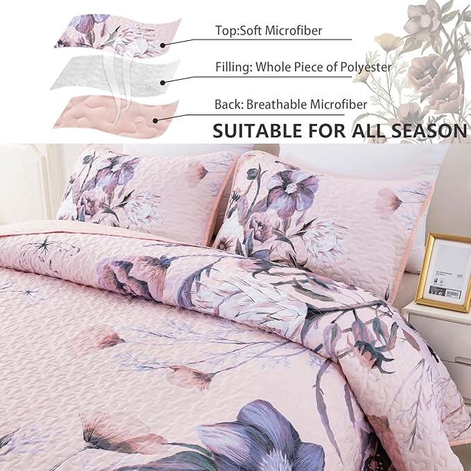 Floral Quilt Set King 3 Pieces Pink Floral Quilt Coverlet Set Soft Microfiber - Image 5
