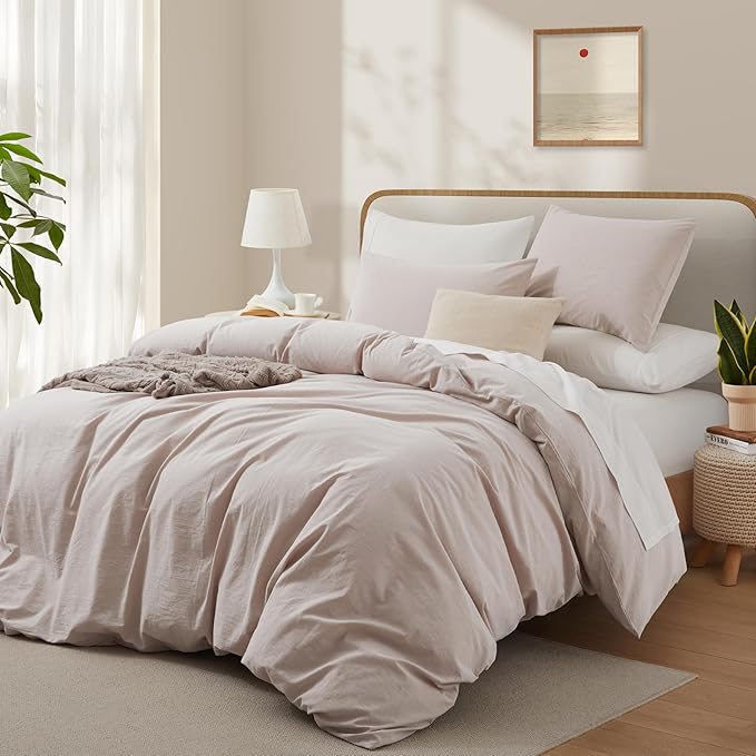 LOVQUE Bedding Duvet Cover Queen Size, 100% Washed Cotton Linen Like Natural - Image 2