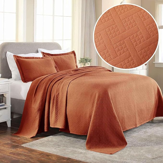 Superior 3 Piece Basketweave Cotton Bedspread Set, Home Bed Decor, Decorative Bed Spread, 2 Pillow Shams, Medium Weight Blanket, Matelasse Coverlet Bedding, Geometric Lattice Pattern, Queen, Mandarin