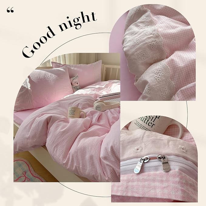 mixinni Pink White Gingham Duvet Cover Twin XL Size - Image 6