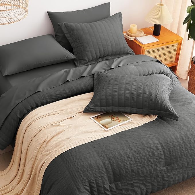 CozyLux Oversized Queen Comforter Set Dark Grey Seersucker 7 Pieces 98x98 Bed - Image 6