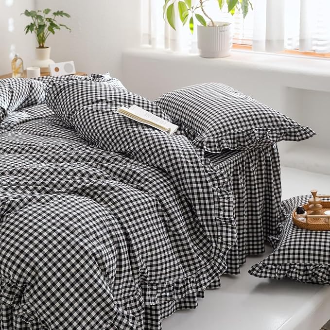 MKXI Black and White Gingham Duvet Cover Twin, 3-Piece Ruffled Bedding Set - Image 4