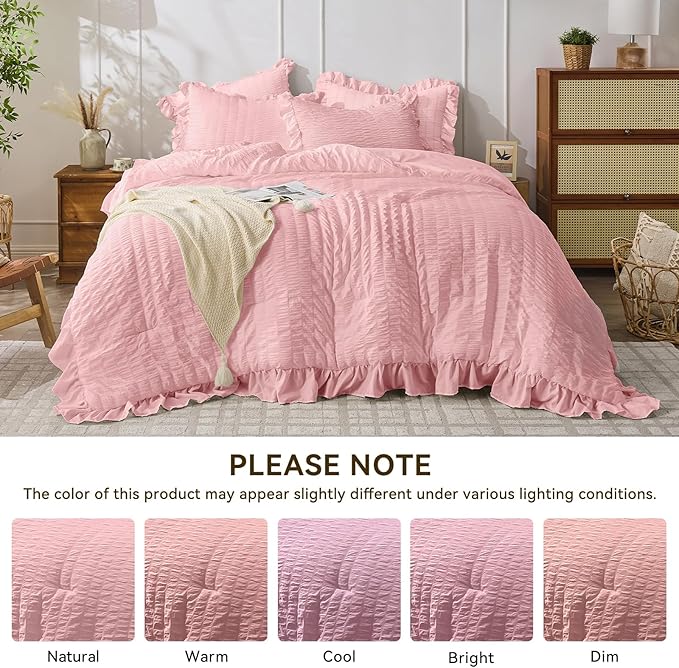 JOLLYVOGUE Pink Seersucker King Comforter Set, 3 Pieces Bed in a Bag Comforter - Image 8