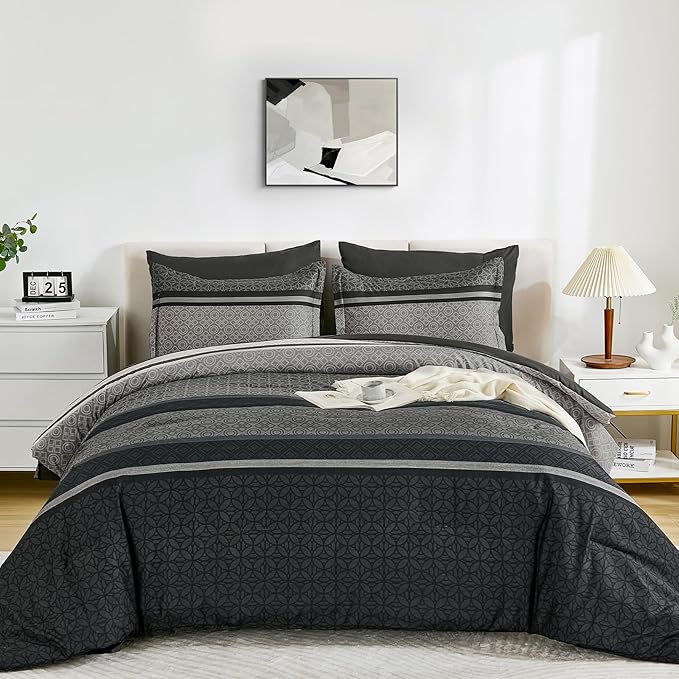 WONGS BEDDING Comforter Set Full Size, Dark Grey Striped 7 Pieces Bed in a Bag - Image 2