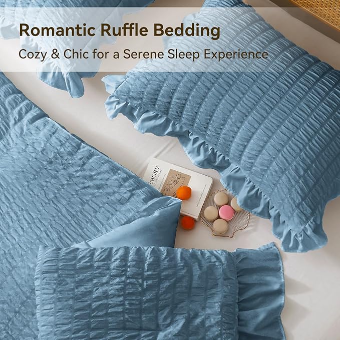 JOLLYVOGUE Queen Comforter Set, 3 Pieces Sea Blue Seersucker Comforters Queen - Image 4