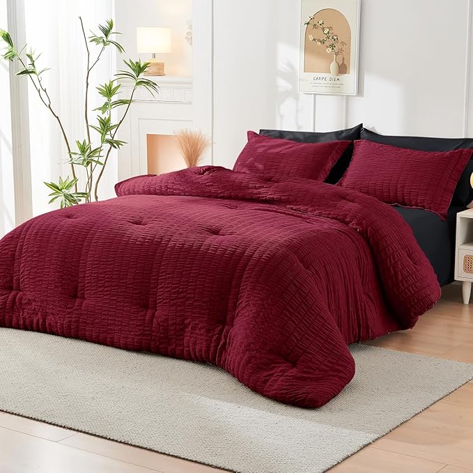 HYMOKEGE Red & Black King Size Comforter Set Seersucker 7 Pieces, All Season - Image 9