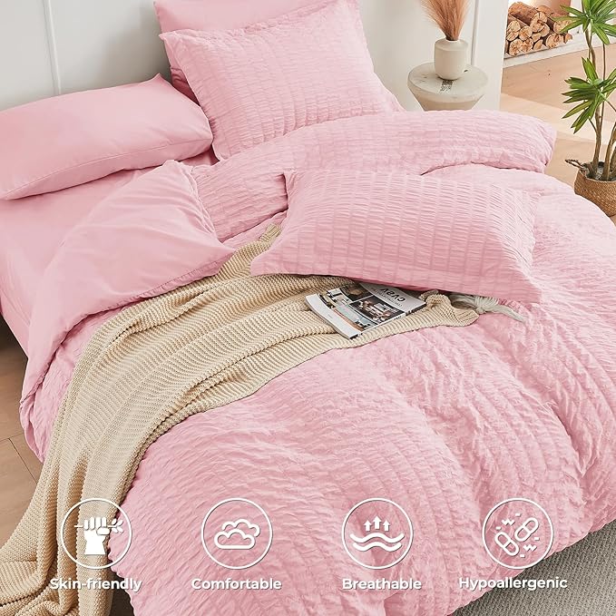 HYMOKEGE Pink Full Size Comforter Sets Seersucker 7 Pieces, All Season Luxury - Image 3