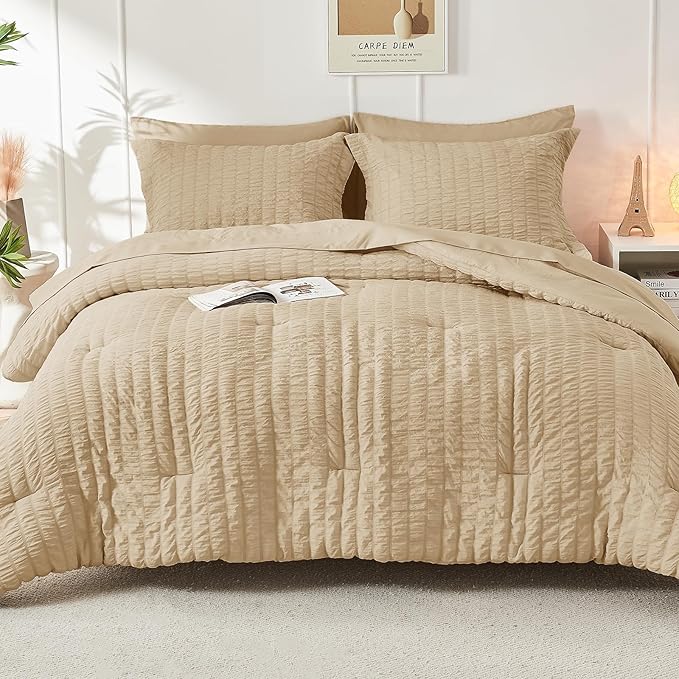 HYMOKEGE Khaki Full Size Comforter Sets Seersucker 7 Pieces, All Season Luxury - Image 9