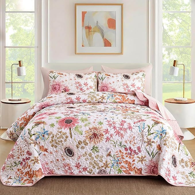 Yiran Pink Floral Quilts Queen Size, Sunflower Botanical Bedspread Bedding Set by Yiran