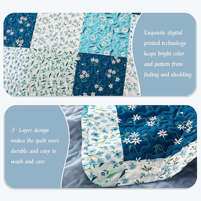 Whale Flotilla Patchwork Quilt King Size, Extra Soft Boho Floral Bedspreads - Image 5