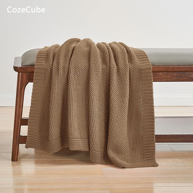 CozeCube Caramel Brown Throw Blanket for Couch, Soft Cozy Cable Knit Throw for Bed Sofa Living Room, Lightweight Warm Decorative Farmhouse Christmas Blanket, 50"x60", Light Brown
