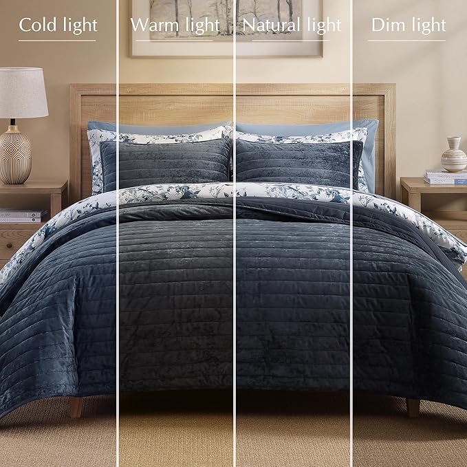 WRENSONGE Velvet Queen Quilt Set-3 Pieces Blue Grey Luxurious Velvet Striped - Image 7