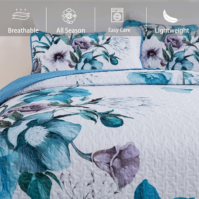 Floral Quilt Set Queen 3 Pieces Boho Blue Floral Quilt Coverlet Set Soft - Image 3
