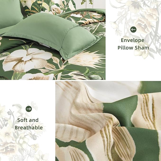Luxudecor Floral Comforter Set King Size 7 Piece, Olive Green Flower Bed in a - Image 5