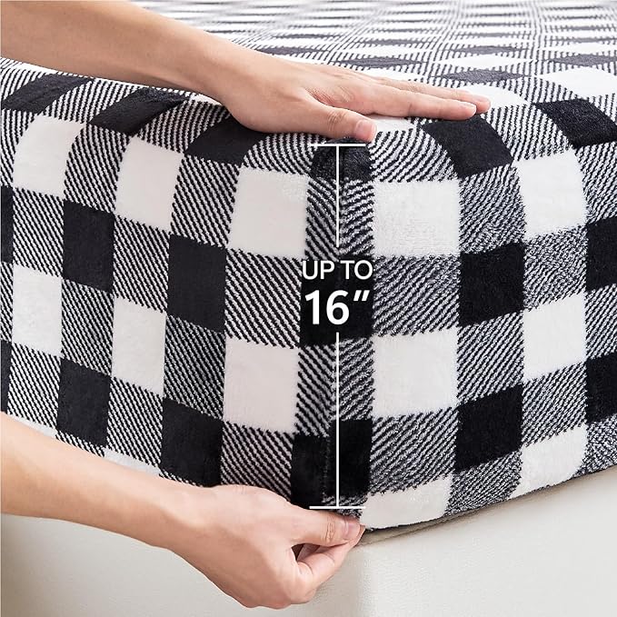 BEDELITE Fleece Sheets Queen Size Bed Set, Luxury Red and Black Plaid Winter - Image 4