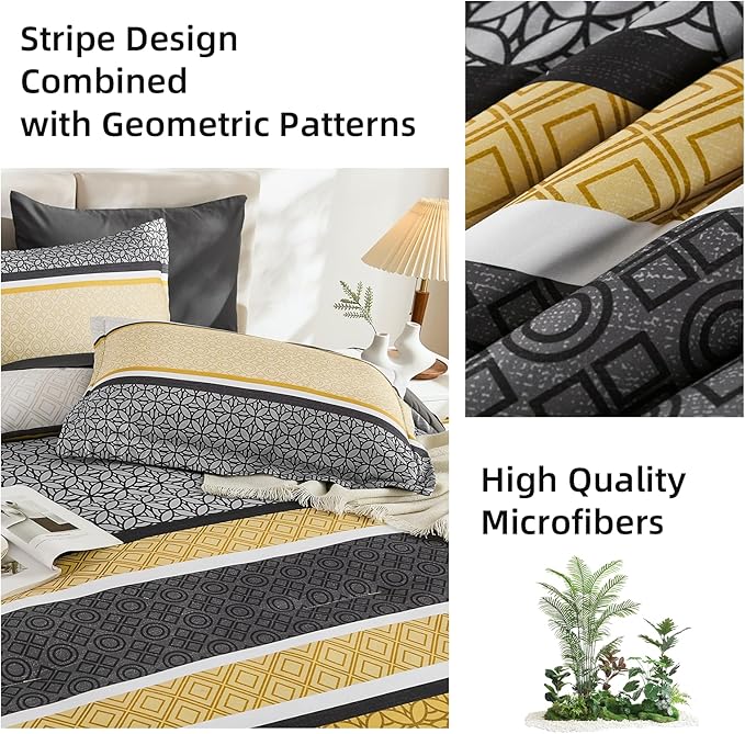 WONGS BEDDING Yellow Grey Queen Comforter Set 7 Pieces, Boho Striped Bed in a - Image 7