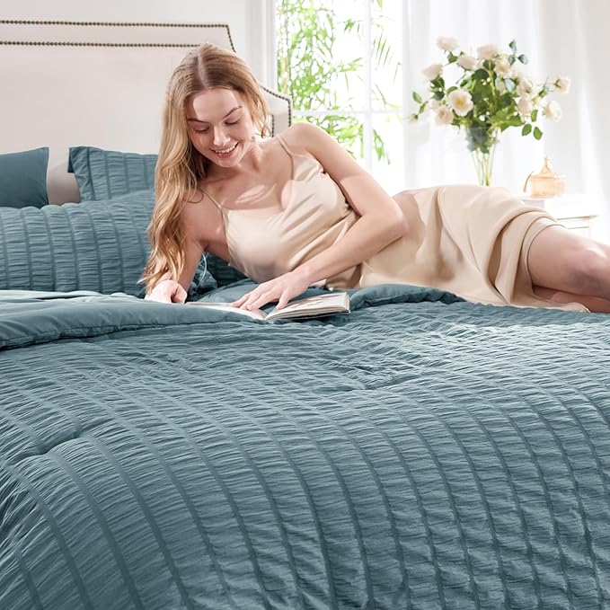 CozyLux Oversized King Comforter Set Mineral Blue Seersucker 7 Pieces 120x98 - Image 7