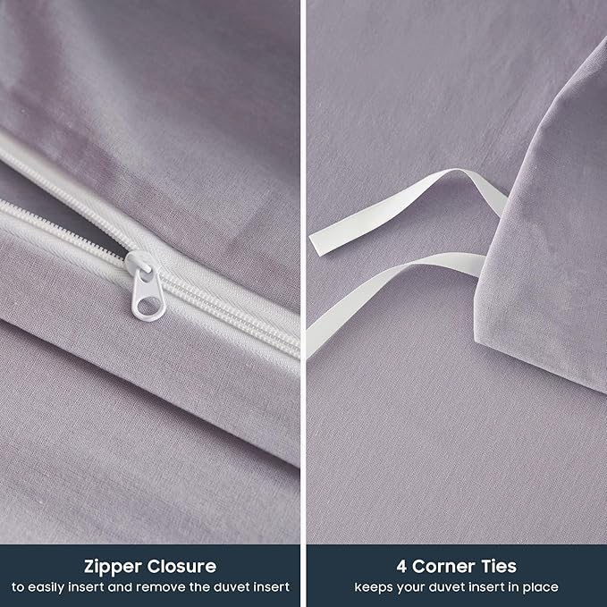 Wake In Cloud - Cotton Duvet Cover Set, Full Size, Light Purple, 100% Washed - Image 7