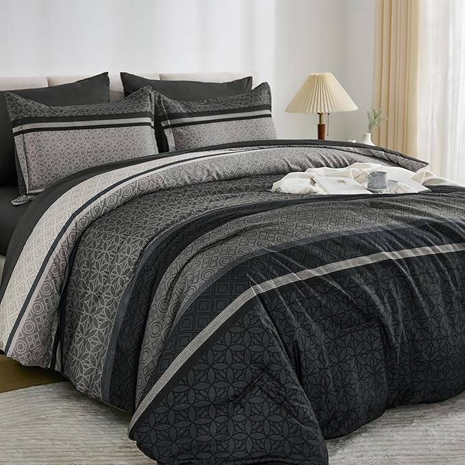 WONGS BEDDING 7 Pieces Comforter Set Queen Size, Dark Grey Black Striped Bed in - Image 3