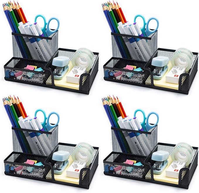 4 Pieces Mesh Pen Holder Desk Organizers and Accessories for Deskop Organizer,3 Compartments Black Pencil Holder for Office Supplies,Gifts for Colleague-DeskoryOffice