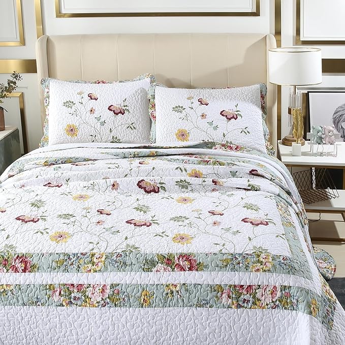 ROOMLIFE Quilt Set Queen Size 3D Floral Embroidery Pattern 3-Piece Cotton - Image 4