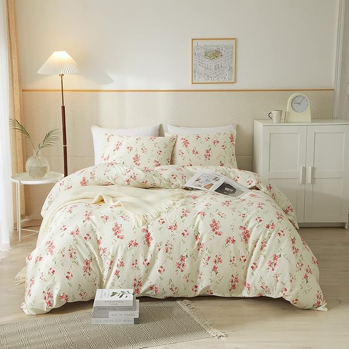 mixinni Boho Red Floral Girl Duvet Cover Set, Soft Cotton King Size 3-Piece by mixinni