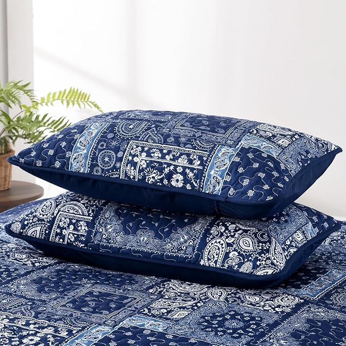 Cottolester Blue Patchwork Quilt Set Queen Size, Boho Navy Blue Quilt Set - Image 7