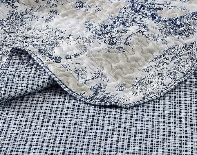 Brilliant Sunshine Blue Toile in Beige and Ivory Patches, 2-Piece Quilt Set - Image 6