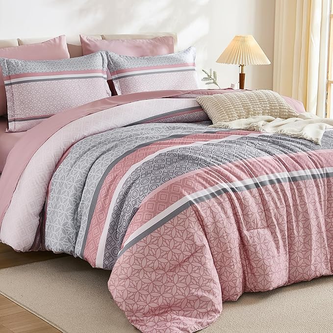 WONGS BEDDING Pink Queen Comforter Set 7 Pieces, Boho Striped Bed in a Bag by WONGSBEDDING