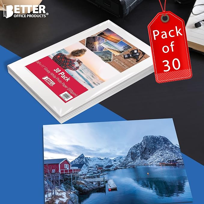 Better Office Products Glossy Photo Paper, 8.5 x 11 Inch, 30 Sheets, 200 gsm, Letter Size, 30-Count Pack-DeskoryOffice